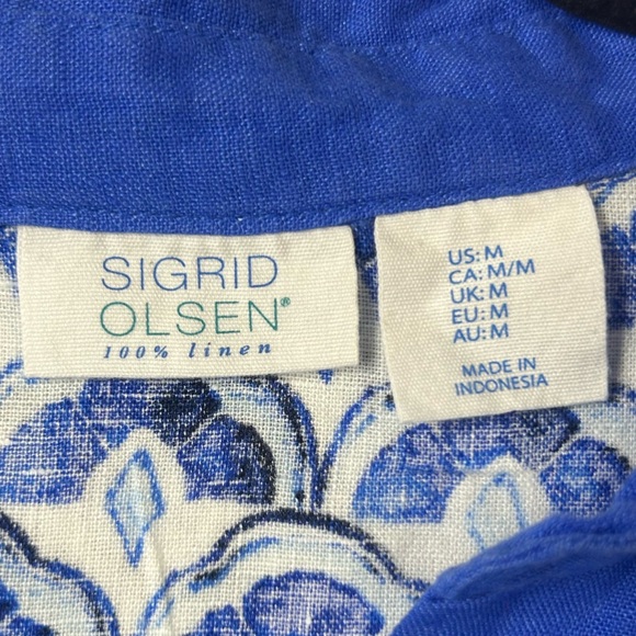 Sigrid Olsen Blue and White Linen Top. VNeck. Size Medium. 100% Linen. - Picture 4 of 8